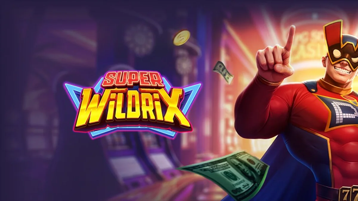Pahlawan super berdiri di depan latar belakang Neonshine City dalam slot Super Wildrix